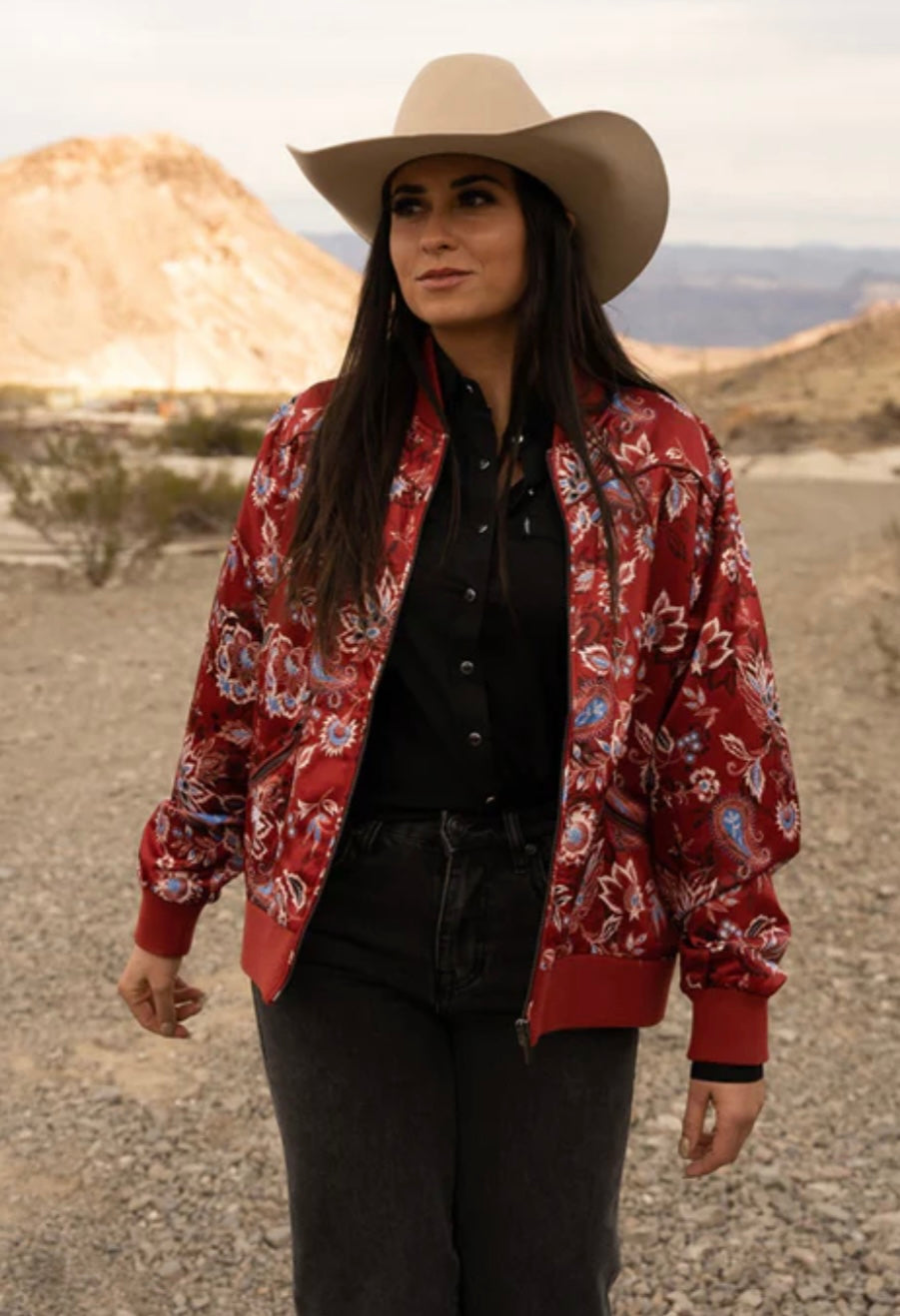 Red floral bomber