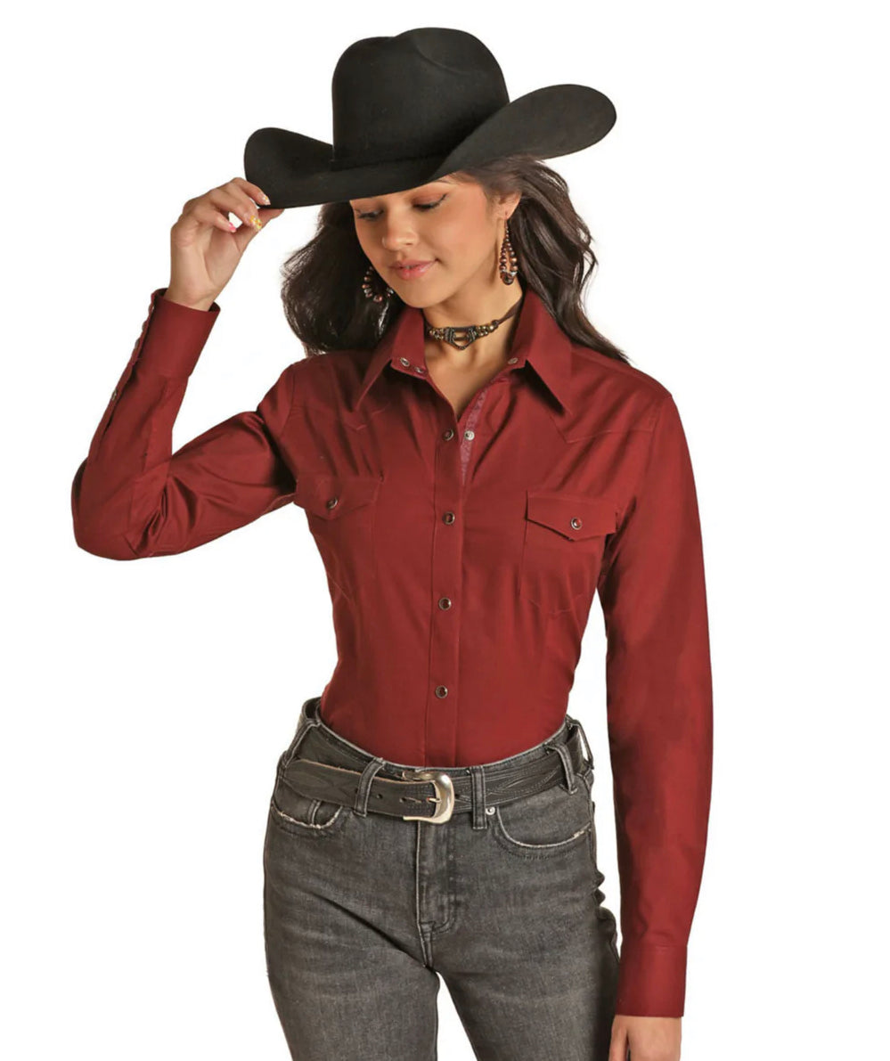 Burgundy performance pearl snap