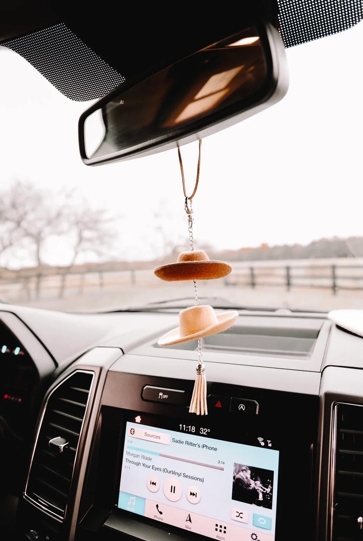 Cowboy Hat Rearview Mirror Charm tan fringe