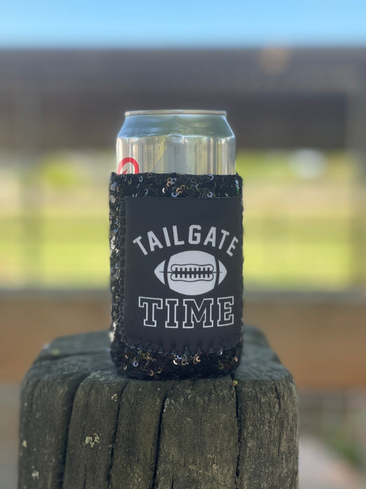 Tailgate time sequin koozie