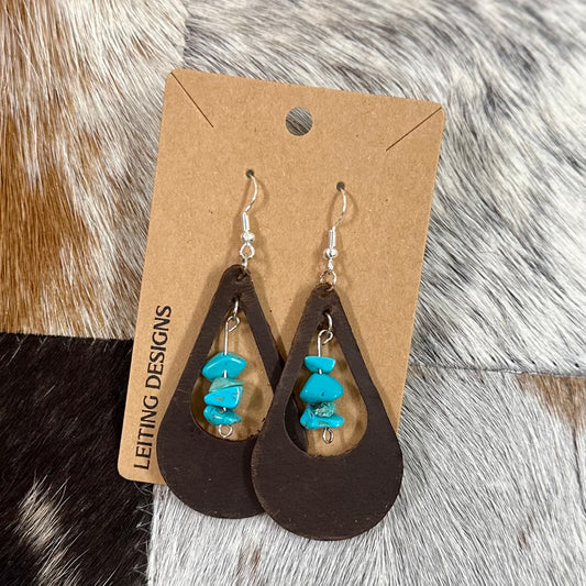 Hollow leather teardrop earring with turquoise
