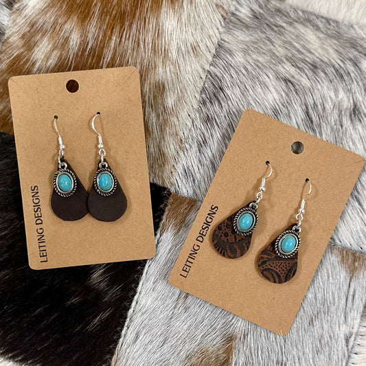 Small leather teardrop earring with turquoise charm