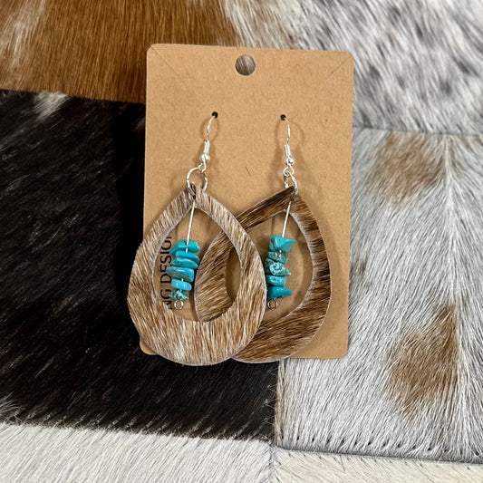Hollow cowhide and turquoise teardrop earrings