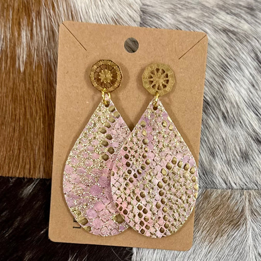 Pink and gold leather earring