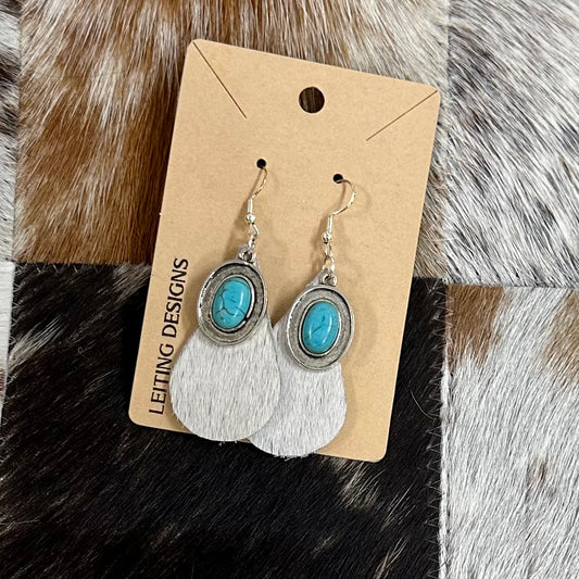 White cowhide teardrop earrings with turquoise
