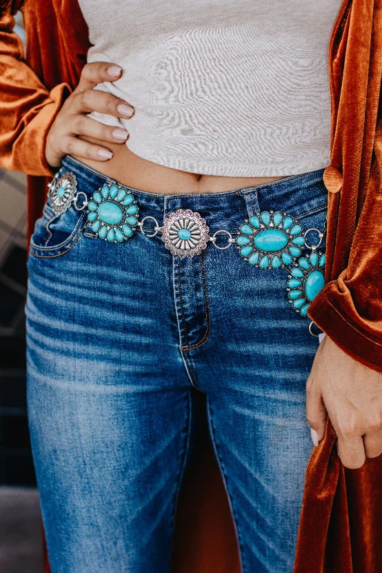 Silver and Turquoise concho chain belt