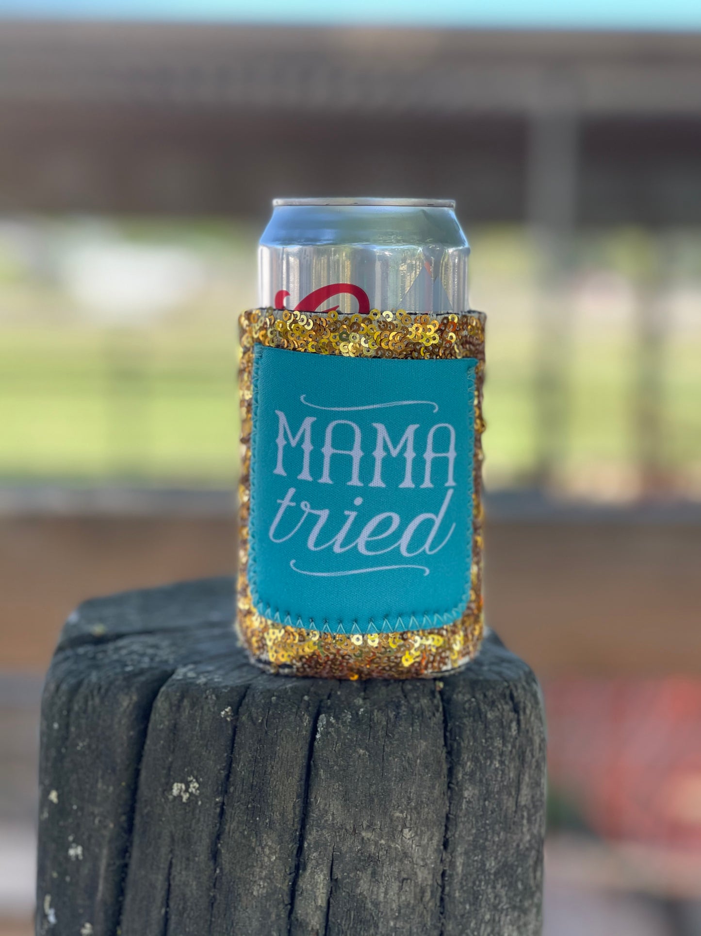 Mama tried sequin pocket koozie
