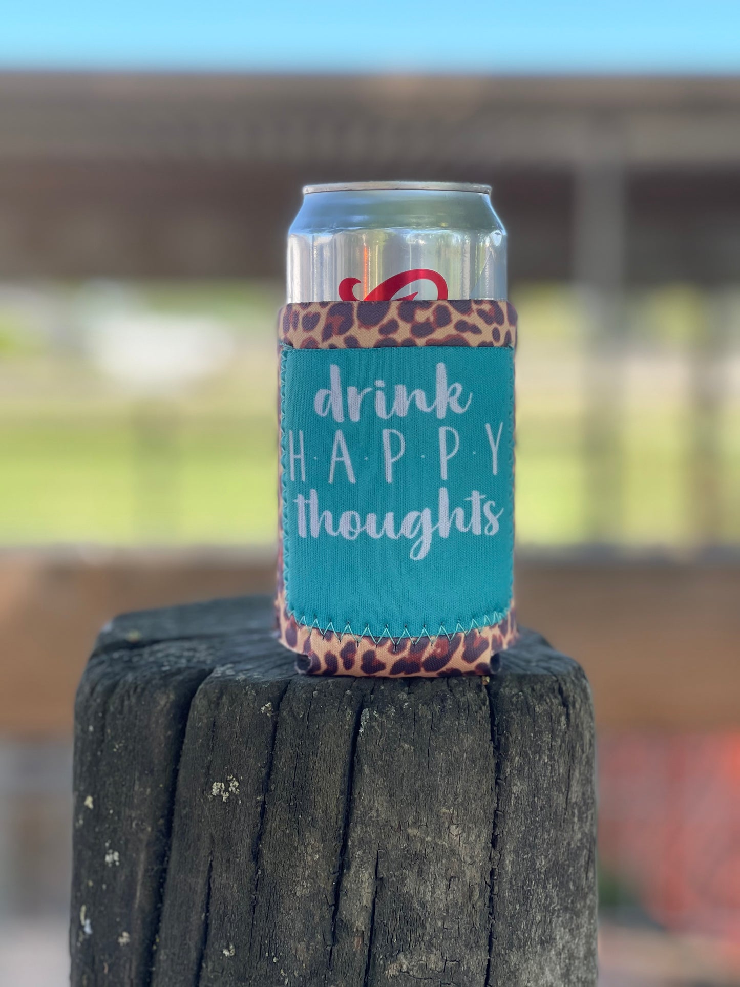 Drink happy thoughts pocket koozie