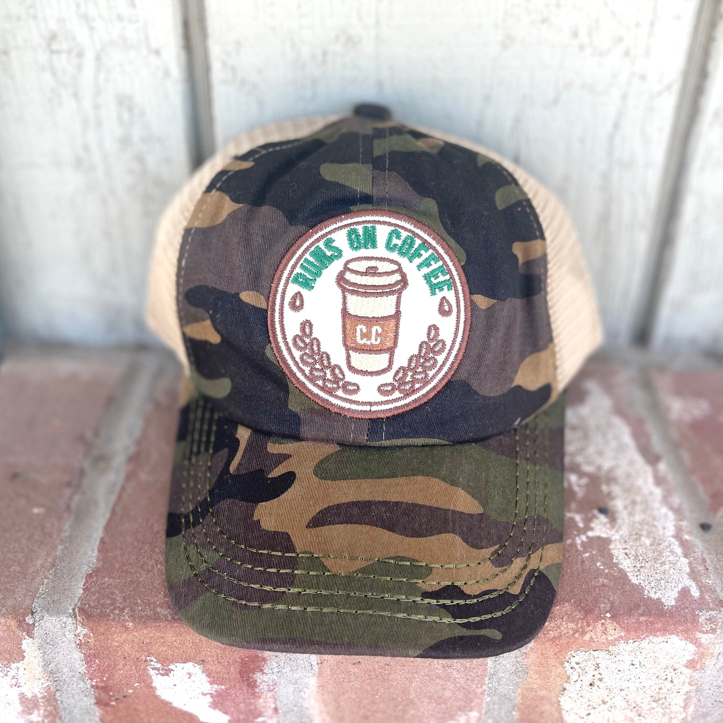 Runs on coffee camo cross back hat