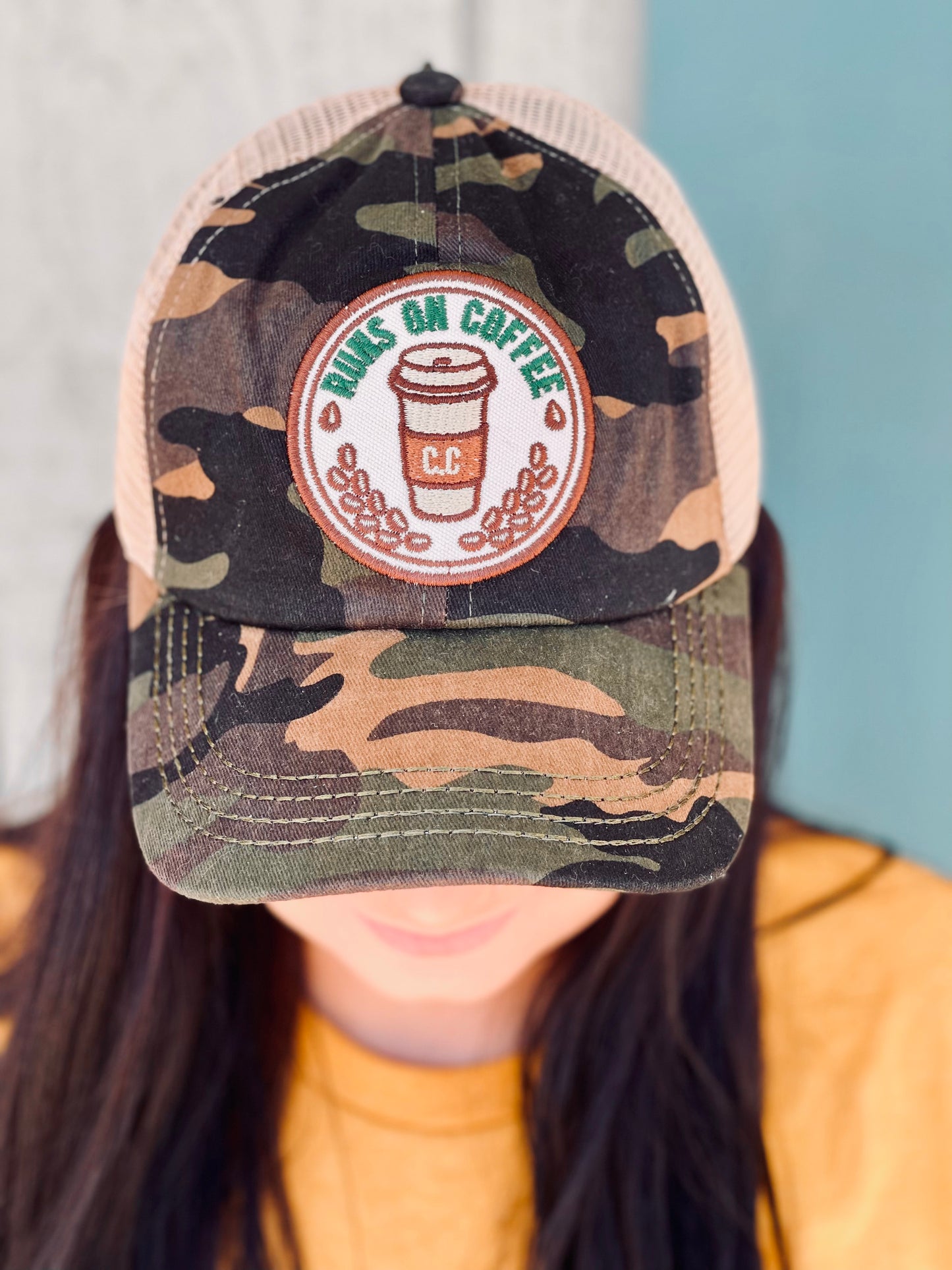 Runs on coffee camo cross back hat